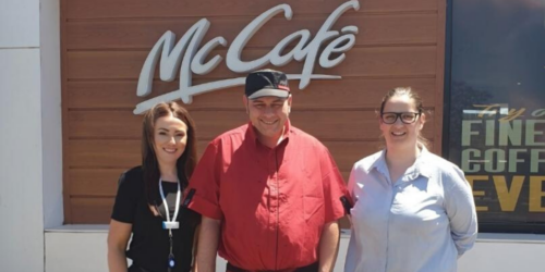 Michael is employed as a Customer Experience Team Member McDonald’s Swan Hill . Pictured here is L-R are-able EC Zanthee Knee, Jobseeker Michael Vernon & McDonald Manager Shiobon Barry