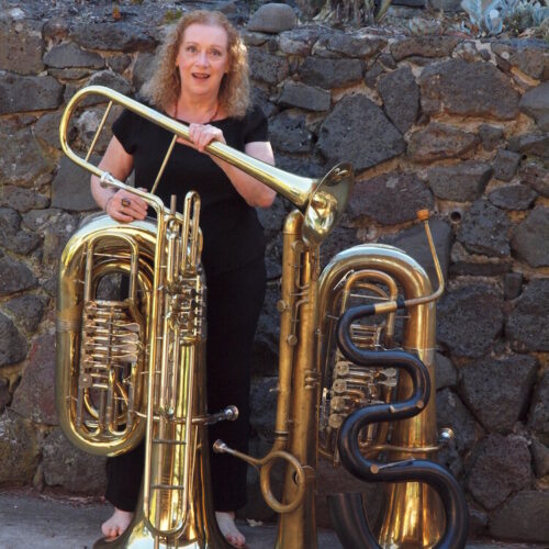 Susan Bradley, aka Tuba Sue with her tubas