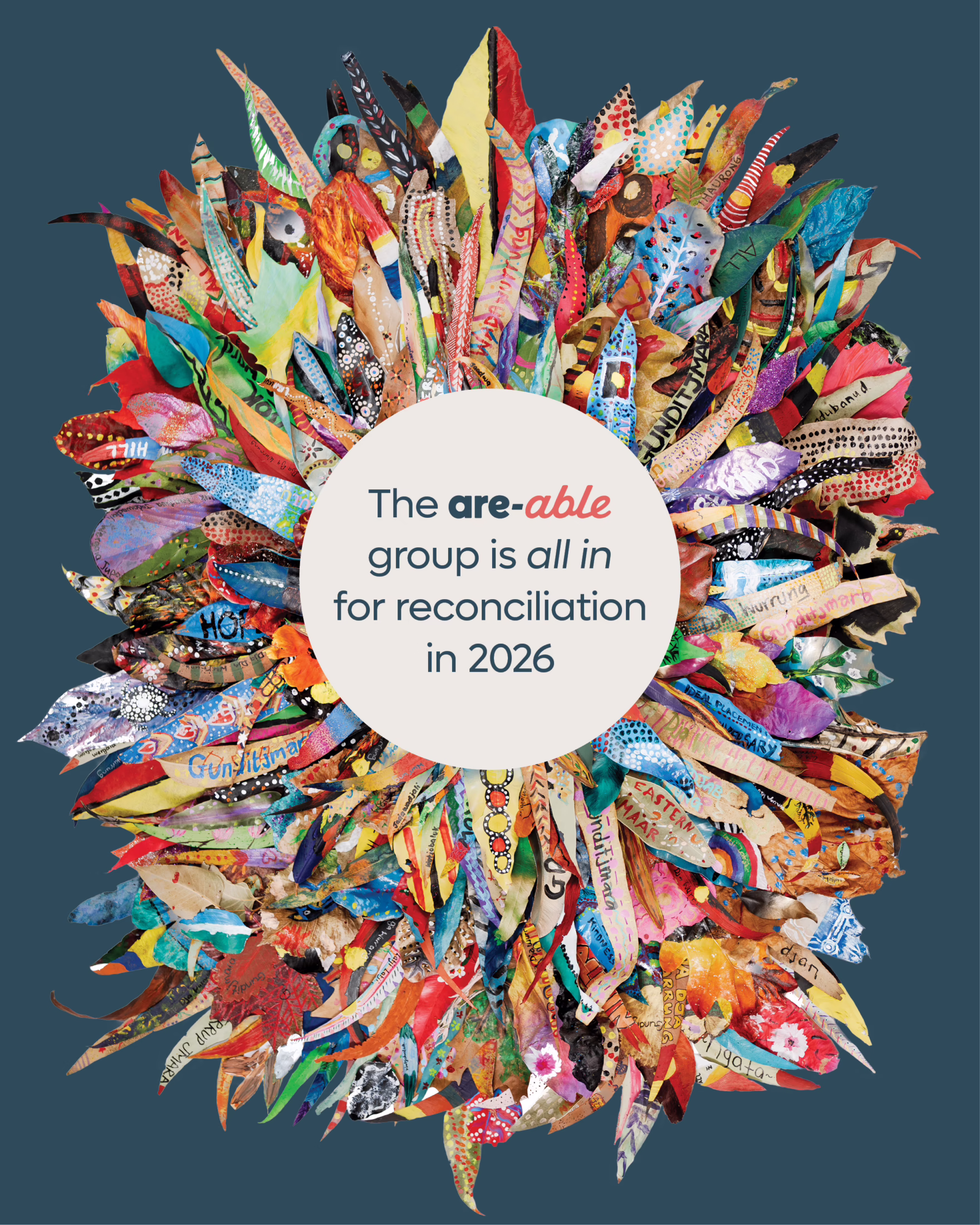 Photo of arranges leaves for reconciliation week 2026, inner circle reads the are-able group is all in for reconciliation in 2026.